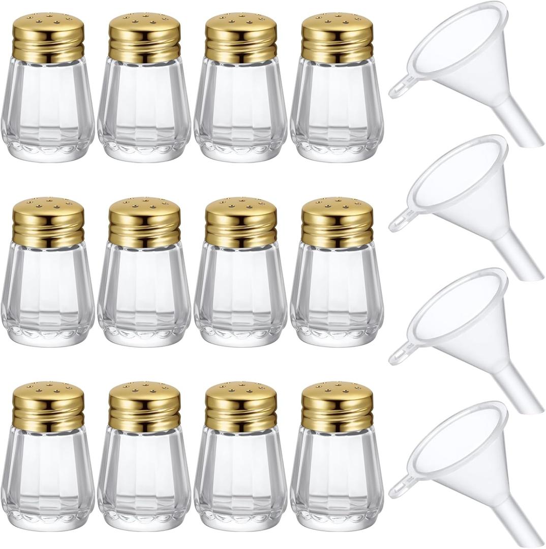 Mini Salt and Pepper Shakers Bulk 0.5 oz Small Cube Clear Glass Spice Saleros Shaker with Plastic Mini Funnels for Wedding Kitchen Restaurant Travel Camp Party(Golden)