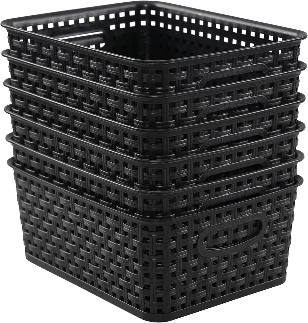 Sandmovie Black Plastic Rattan Storage Baskets, 6 Packs