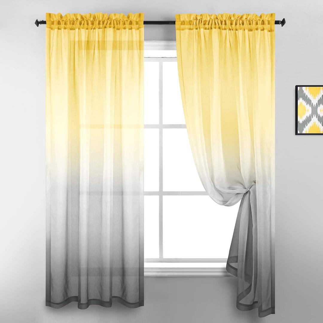 KOUFALL 63 Inch Length Yellow and Grey Sheer Curtains 2 Panels Set Window Curtains for Bedroom Kitchen Decor,Bright Yellow and Light Gray