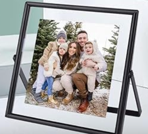 Glass Picture Frame, Black Simple Metal Geometric Photo Frame with Glass Cover Includes 4x4 - Tabletop Floating Picture Frames for Home Decoration, Gift for Father's Day