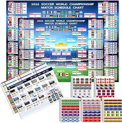 5 in 1 World Cup 2026 Merchandise Party Decorations Set, 45"x33" Large Wall Chart Schedule Bracket Poster with Team Sticker, 48 Country Flag Decor, Trophy and Soccer Ball Keychain, 3x3 Cube Puzzle