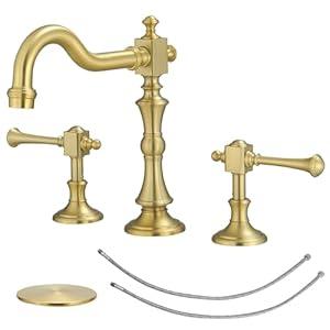 BWE 8 Inch Vintage Brass Bathroom Faucet for Sink 3 Hole Brushed Gold Bathroom Sink Faucet with Pop-up Drain and Supply Lines 2 Handle Widespread Bathroom Faucet Solid Brass