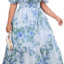 Women's Plus Size Floral Maxi Dress Puff Sleeves Cottagecore Corset Dresses Flowy Smocked Formal Casual Party Wear (Large, Blue)
