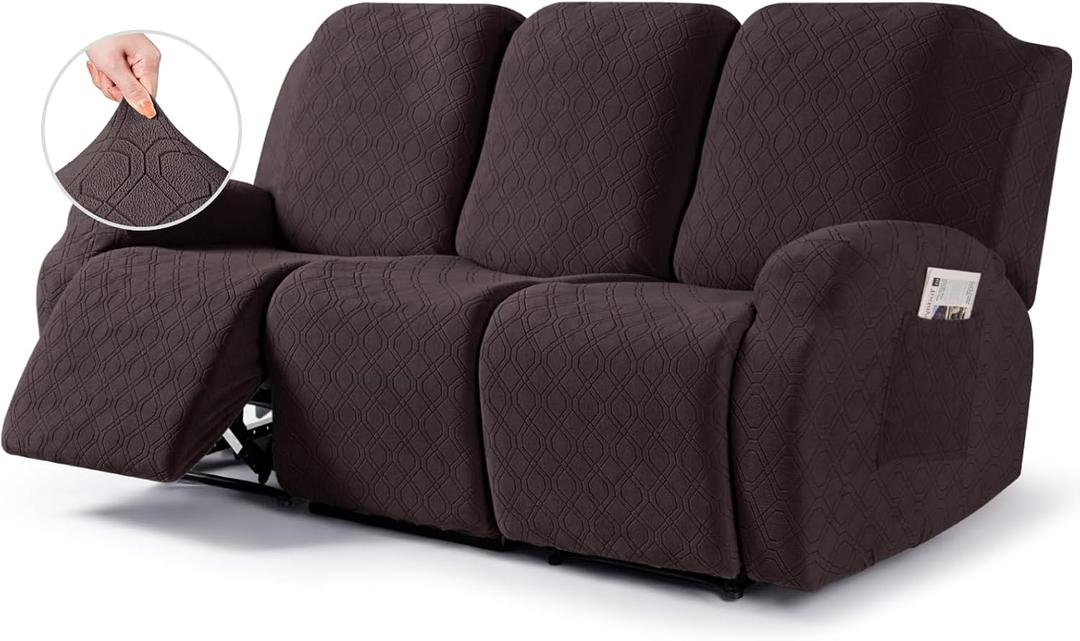 VANSOFY Recliner Sofa Covers, 3-Pieces Stretch Reclining Couch Covers with Pockets Reclining Couch Slipcovers 3 Seater Soft Washable Furniture Protector for Dogs Cats(Chocolate)