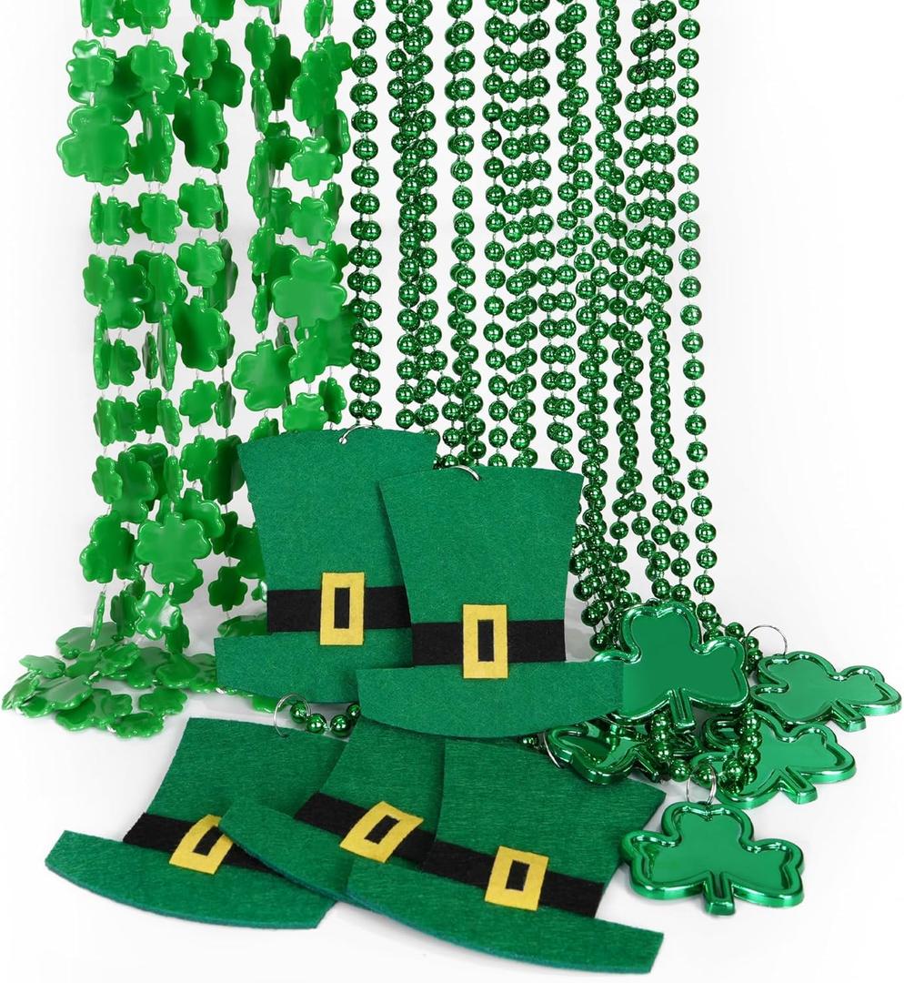 HOOSUN 15 Pack St Patricks Day Beads Necklaces Bulk,St Patricks Day Decorations Accessories for Party Favors,St Patrick's Day Necklaces Party Supplies,Saint Patricks Day Green Beads Shamrock Necklace