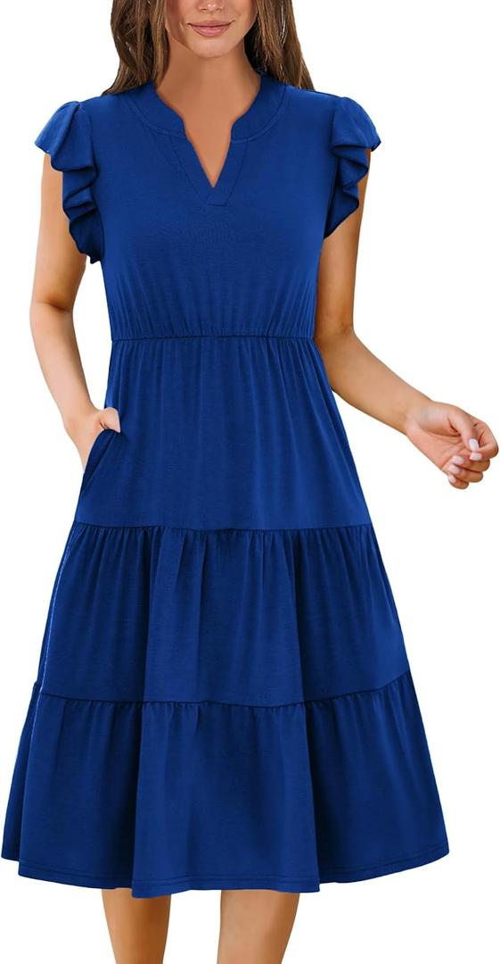 kinstell Womens Summer Casual Midi Dresses Ruffle Sleeve V Neck 2025 V Neck Tiered Swing A Line Dresses (Z-blue), XL