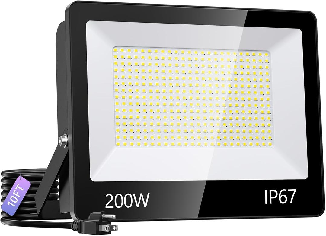 200W LED Flood Light Outdoor - 20000LM LED Work Light with LED Transformer and 5.56ft US Cable Plug, IP67 Waterproof 7000K Daylight White Floodlights Outdoor for Factory, Yard, Stadium, Garage