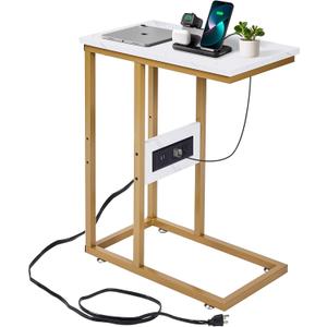 VECELO C-Shaped End Side Table with Charging Station & 2 USB Ports and Outlets for Living Room, Bedroom, with Adjustable Feet for Couch Sofa, Bedside, Small Spaces， Gold
