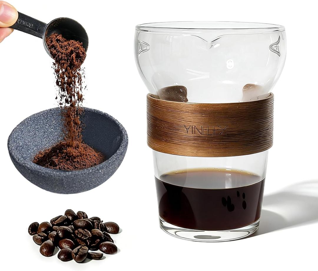 Pour Over Coffee Maker Set with Reusable Microporous Ceramic Coffee Filter, No Paper Filters Needed, Heat-Resistant Handle Borosilicate Glass Coffee Pot, Ideal for Ground Coffee