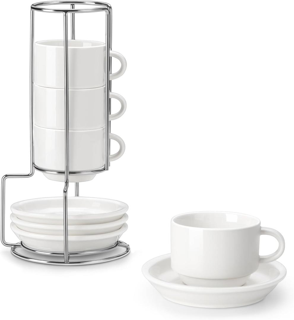 MALACASA 2.5 OZ Porcelain Espresso Cups with Saucers and Metal Stand Set of 4, Stackable Cappuccino Cups, White Expresso Shots Cup Set for Coffee Drinks, Latte, Tea