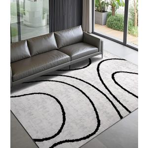 YIHOUSE Modern Area Rugs for Bedroom,5x7 Washable Black and White Rug, Thin Abstract Geometric Minimalist Striped Rug, Black Rugs for Bedroom,Kitchen,Dining Room Office