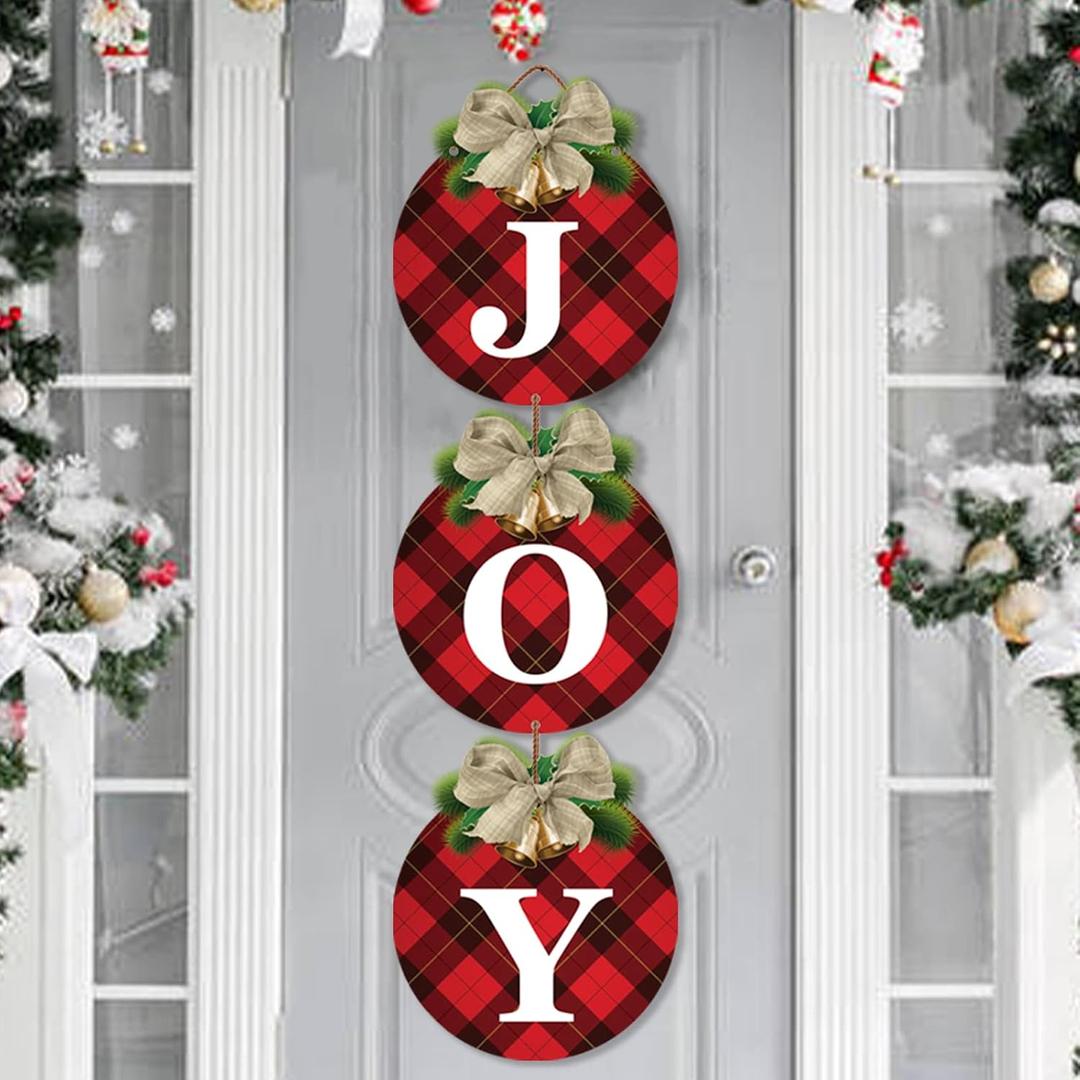 Buffalo Plaid Christmas Wreaths for Front Door - 3pcs Rustic Christmas Decor Joy Signs Wreaths for Door Holiday Xmas Garage Door Wall Decorations Indoor Outdoor (Multi Color)