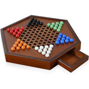 15" Large Upgraded Wooden Chinese Checkers Game Board  Premium 16mm Glass Marbles (60 + 12 Extras), Easy Grip, Storage Drawer, Ideal Multi-Player Puzzle Game for 2-6 Players