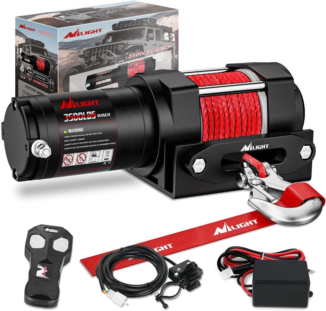 Nilight 3500 lbs ATV Winch 12V Electric Winches With Synthetic Winch Rope Wireless Remote Wired Switch Fairlead Mounting Plate Portable Waterproof Winch for Towing ATV UTV Trailer Truck Jeep Offroad
