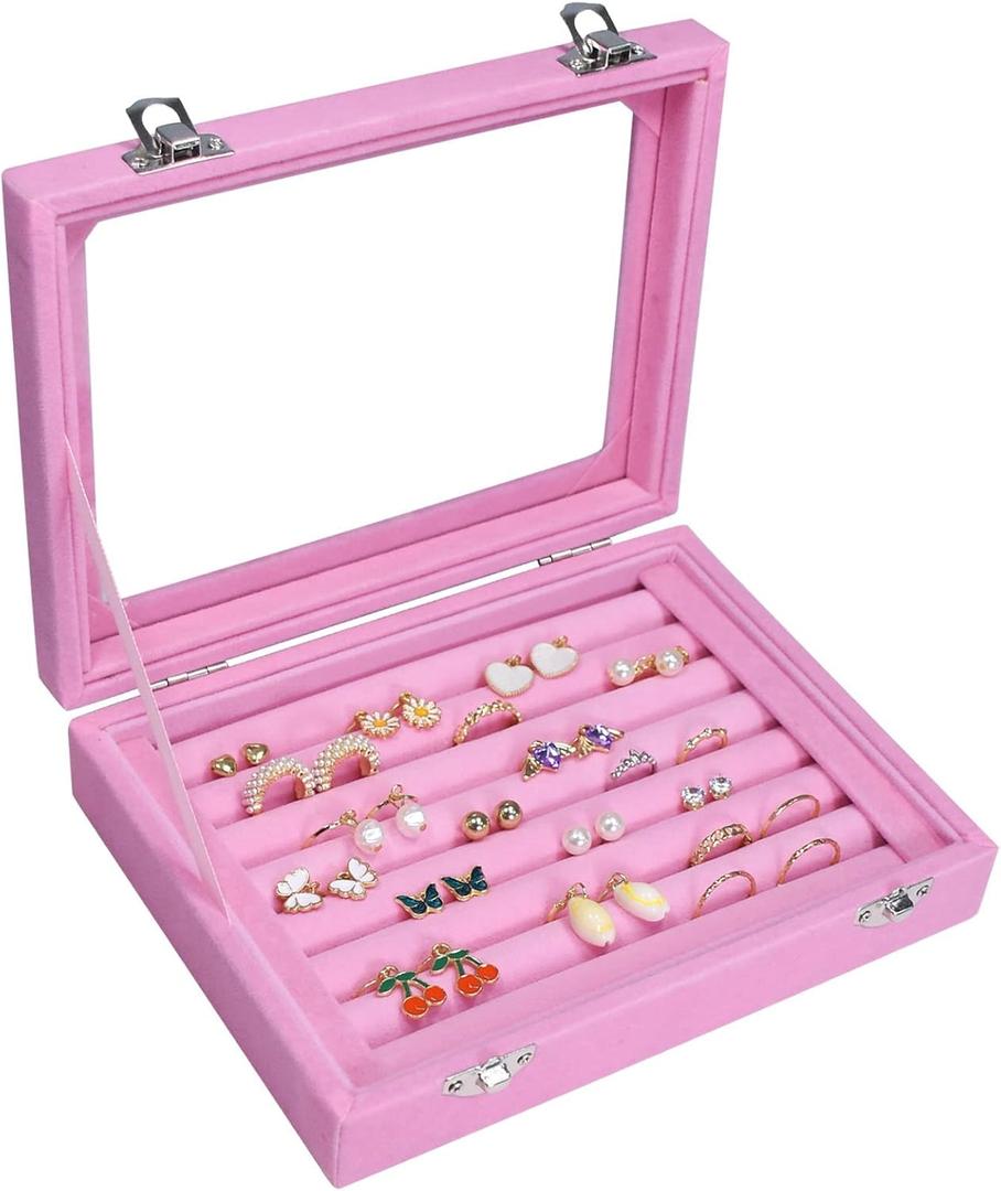 Vicoter Rings Organizer Tray 7 Slots Velvet Jewelry Earring Storage Box with Transparent lid Jewelry Display Case for Girls Wife Mom Women (Pink)