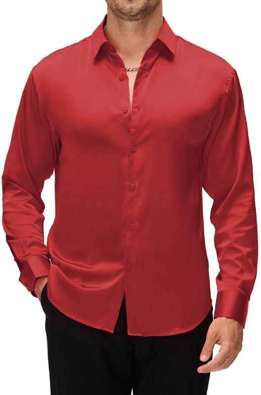 Damipow Satin Silk Mens Dress Shirts Long Sleeve Button Up Shirt Wedding Party Prom Shirt (X-Large, Red)