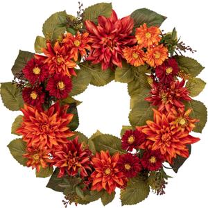 24" Artificial Christmas Wreath for Front Door Flower Wreath with Orange Dahlia and Mums Christmas Decorations for Home Farmhouse Wall Mantel Dcor