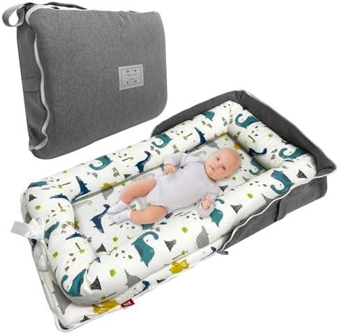 Baby Lounger, Foldable Portable Infant Lounger, Baby Nest Cover, Suitable for 0-24 Months Newborn Baby Lounger,Home Travel Dual-Purpose Baby Nest（Blue Dinosaur）