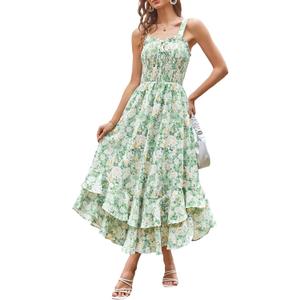GRACE KARIN Women's 2025 Summer Floral Boho Dress Square Neck Strapped Swing A Line Sundress Beach Long Maxi Outfits (Green White) S