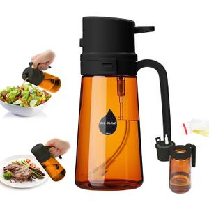 2 in 1 Olive Oil Sprayer for Cooking, Light-Blocking Olive Oil Dispenser Bottle for KitchenSpray and Pour, 16oz/470ml Dark Amber Glass Bottle, Upgraded ABS Black Cap Oil Mister for Air Fryer