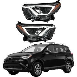 WFLNHB Headlight Assembly Compatible Replacement for Toyota Rav4 2016-2018 Projector Headlamp Black Housing Amber Reflector for Both Driver and Passenger Side