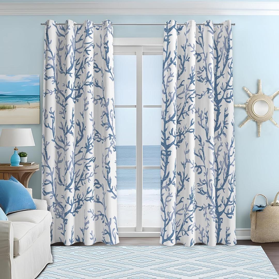 weesire Nautical Coastal Curtains Decorative Beach Ocean Coral 50% Light Blocking Sea Darkening Grommet Curtain for Villa Living Room, Bedroom Light Blue and White 2 Panels Set, 52x84 Inches