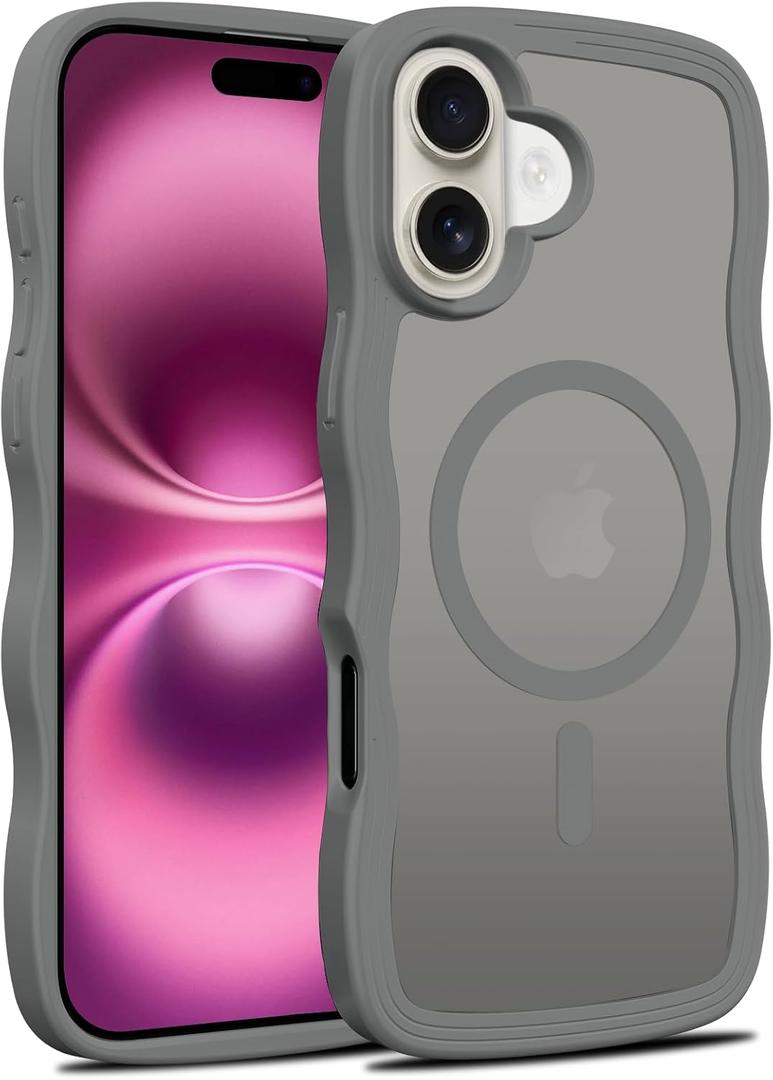 Owncase for iPhone 16 Plus Case, Curly Wave Frame Translucent Matte Hard Back Cover, Compatible with MagSafe, Shockproof Protective Phone Case for Women and Girls, Grey