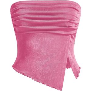 Milumia Women Mesh Tube Tops Split Hem Going Out Strapless Bandeau Tops Ruched Tank Shirts (X-Large, Pink)