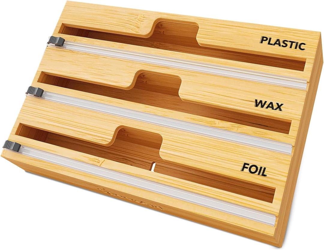 SpaceAid WrapNeat 3 in 1 Wrap Organizer with Cutter and Labels, Plastic Wrap, Aluminum Foil and Wax Bamboo Dispenser for Kitchen Storage Organization Holder for 12" Roll (Natural) (3-Slot, 3"Tall)
