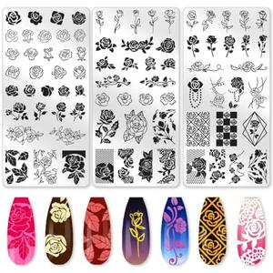 beinkmake 3Pcs Roses Nail Stamping Plate Set Vintage Flower Nail Stamp Templates Elegant Floral Leaf Metal Reusable Tools with Stamper Scraper for Manicure Printing
