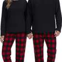 Couple Matching Pajamas Sets with Socks Holiday Fleece Pajamas Jammies Sets for Family Party (Small, Black Red)