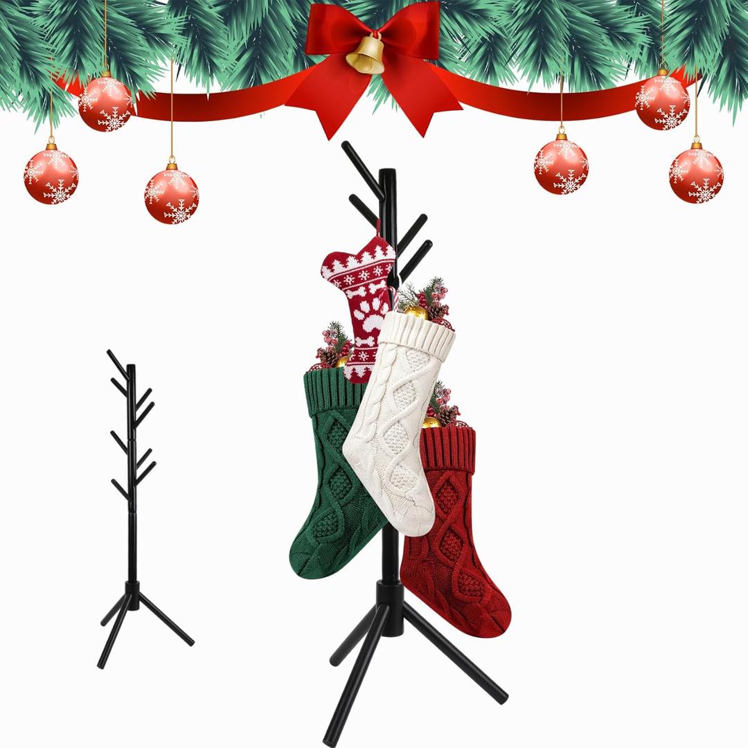 Black Christmas Stocking Holder Stand, Wooden Stocking Holder Stand with 8 Hooks, Freestanding Stocking Hanger Rack for Floor