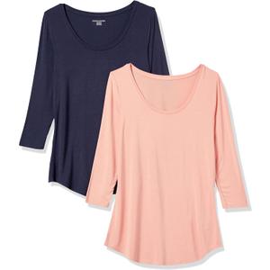 Amazon Essentials Women's 3/ 4 Sleeve Scoopneck Tunic, Pack of 2, Coral Pink/ Navy, XX-Large
