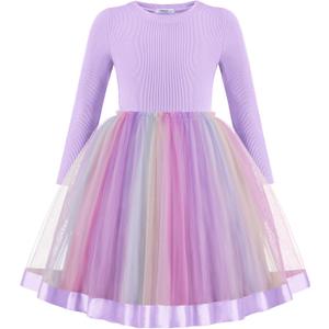 Arshiner Toddler Tutu Dress Little Girls Fall Winter Long Sleeve Holiday Party Tulle Dresses 3-8Y (7-8 Years, Purple Rainbow)