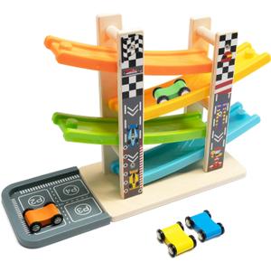 WOOD CITY Wooden Car Ramp Racer Toy Vehicle Set with 4 Mini Cars & Race Tracks, Toddler Toys for 1 2 3 Years Old, Montessori Cars Toys Birthday Gift for Kids Boys and Girls