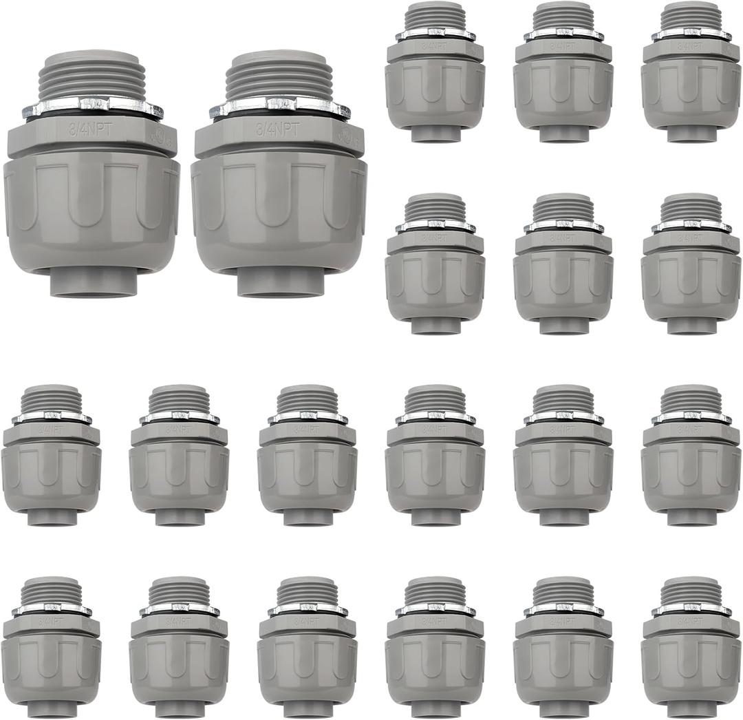 Conduit Connectors, 3/4 Inch Liquid Tight Connector NPT Non-Metallic for PVC Electrical Flexible Conduit Fittings, 180 Degree Straight, UL Listed for Home Outdoor Tubes Tools, Grey (20-Pack)
