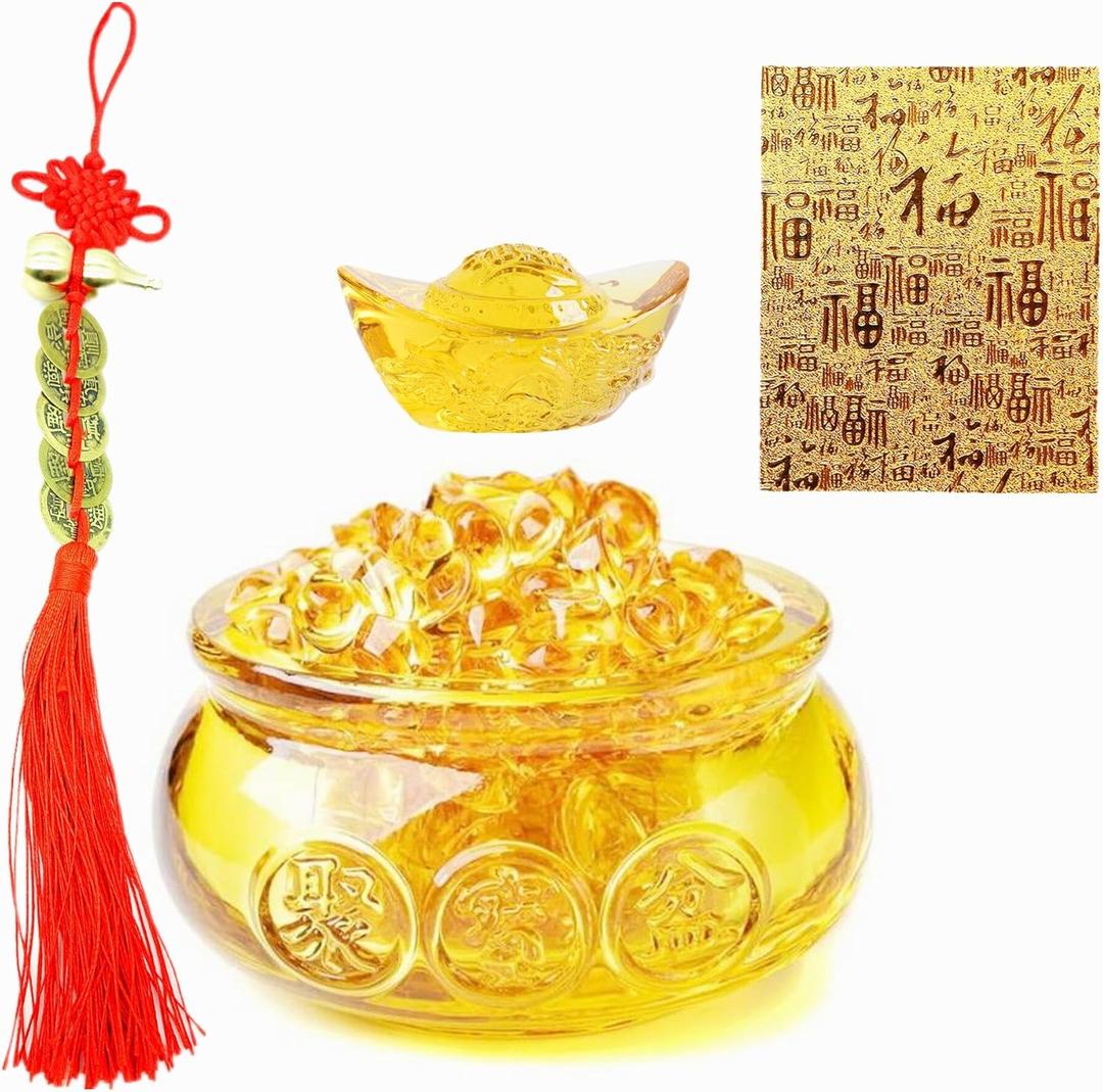 Qiandier Golden Treasure Basin Crystal Glass Figurine Chinese Decor for Home Office