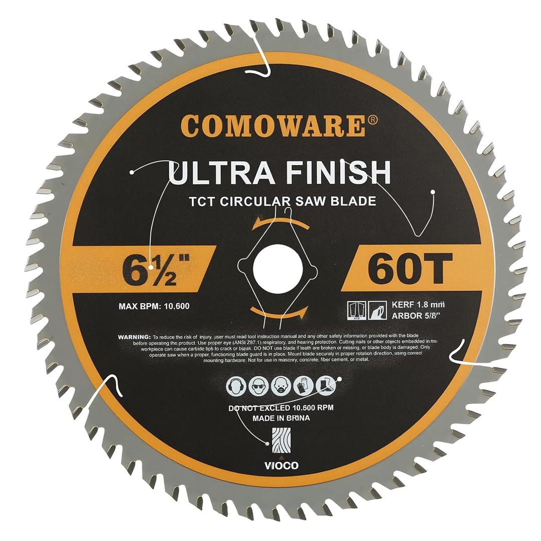 COMOWARE 6 1/2 Circular Saw Blade, 60T ATB Circular Saw Blade, 5/8" Arbor, TCT Carbide-Tipped, Anti-Vibration, Teflon Anti-Stick, Miter Saws Blades for Wood, Laminate, Plywood & Hardwoods
