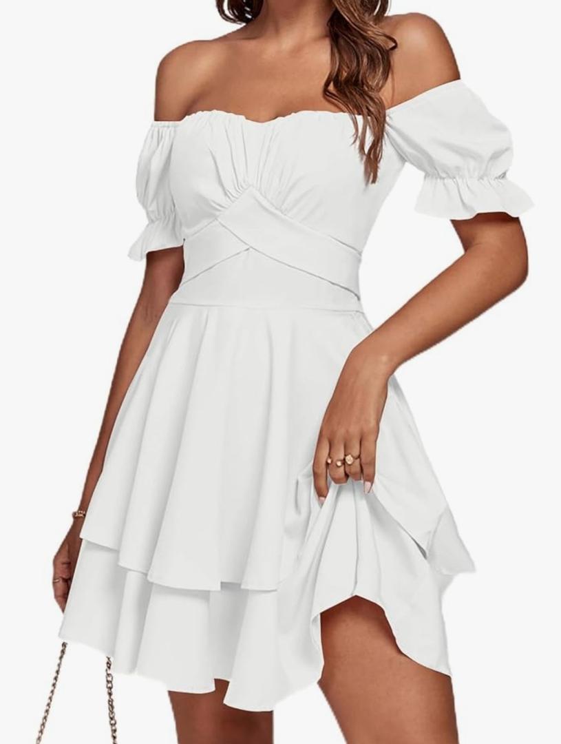 LYANER Women's Tie Back Off Shoulder Wrap Layer Ruffle Short Sleeve Mini Dress,No size