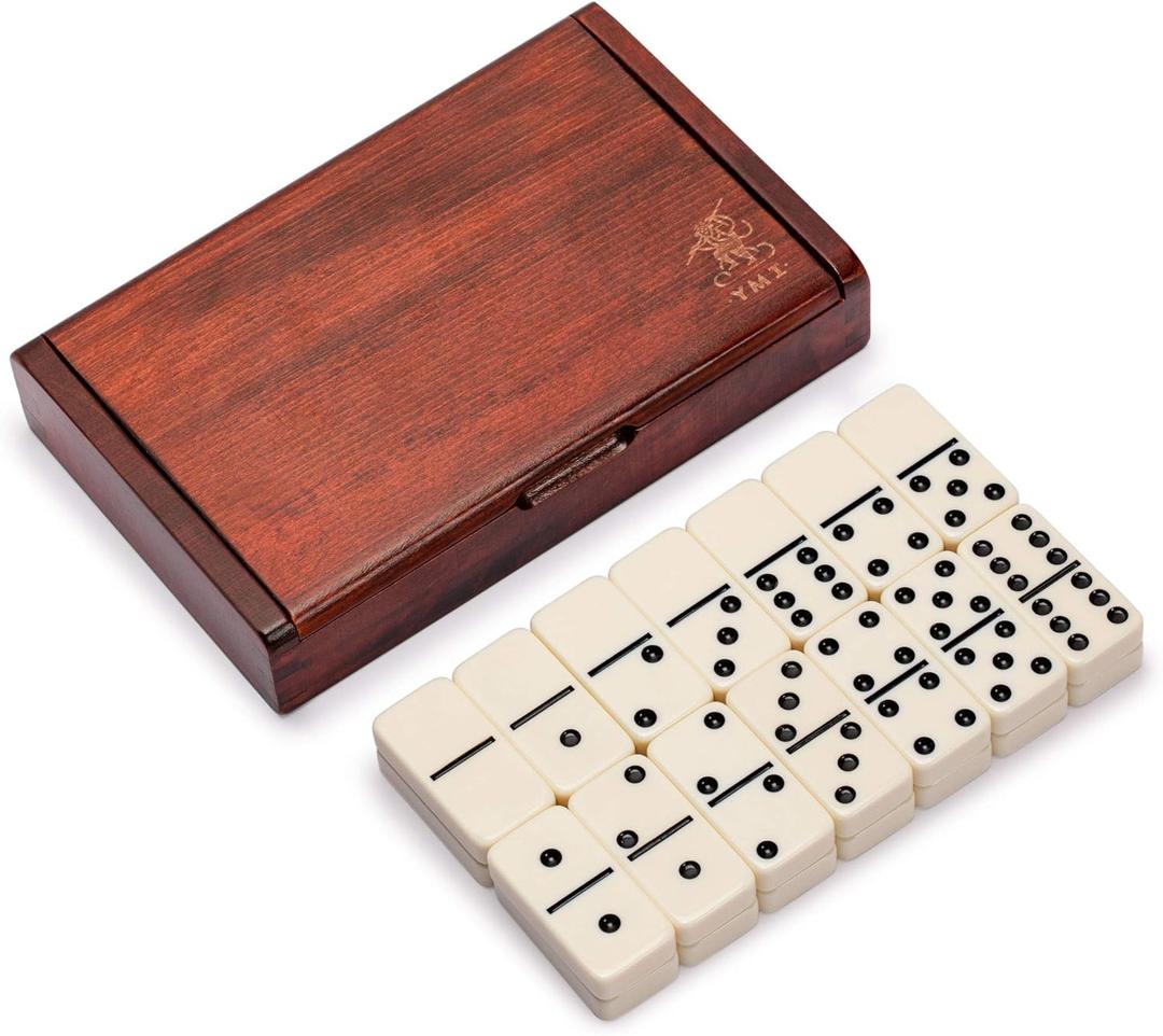 Yellow Mountain Imports 28 Tiles Double 6 Dominoes (Pips/Dots) Game Set - Jumbo Tournament Size Dominos with Dark Oak Wood Case