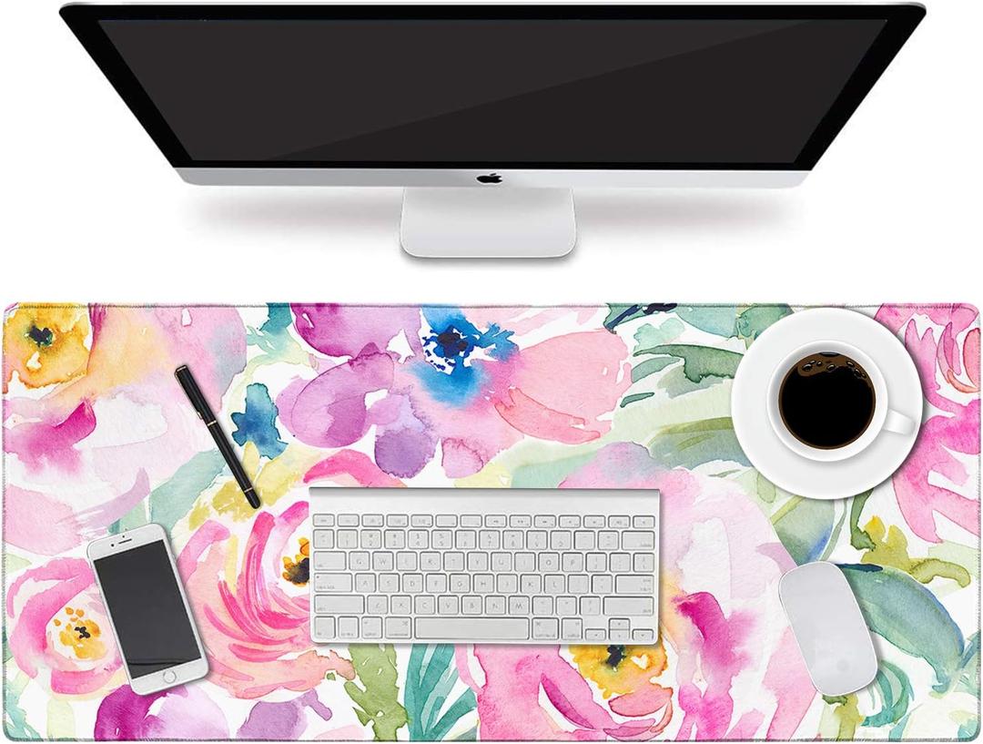 HAOCOO Floral Extended Desk Pad, Large Mouse Mat With Edge Stitching, 2 MM Thick Waterproof Computer Keyboard Mat, Non-Slip Rubber Base for Office (Colorful Floral Pink)