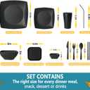 Teivio 88-piece With Flatware Plastic Kitchen Wheat Straw Square Dinnerware Set for 8, Unbreakable Dinner/Salad/Appetizer Plates, Snack Bowls, Dipping Sauce Cups,Tumblers, Dishwasher Safe Dish,Black