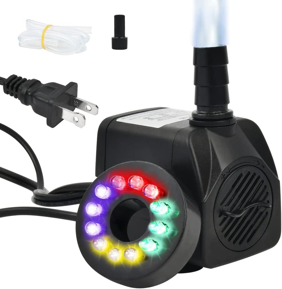 BUYGOO 10Watt 160 GPH Submersible Fountain Pump wiht LED Light Ultra Quiet Small Fountain Water Pump Outdoor for Water Feature, Outdoor Pond, Aquarium fish tanks, Home Dcor Fountain