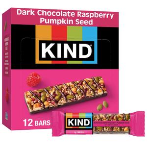 KIND Healthy Snacks Bars, Dark Chocolate Raspberry Pumpkin Seed, Gluten Free, High Fiber Snacks, 5g Protein, 12 Count (EXP 07/10/26)