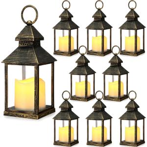 Sumind 8 Pack 9" Decorative Candle Lantern with Flameless Candle Wood Grain Lantern Hanging Vintage Rustic Farmhouse Decor Wedding Decoration Table Centerpiece for Indoor Outdoor Party (Black)