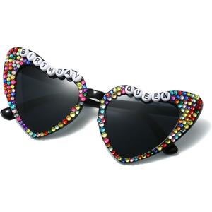 Hanj Heart Shaped Birthday Sunglasses, Rhinestone Birthday Queen Glasses, Heart Sunglasses Birthday Party Favors (Colorful Beaded Black)