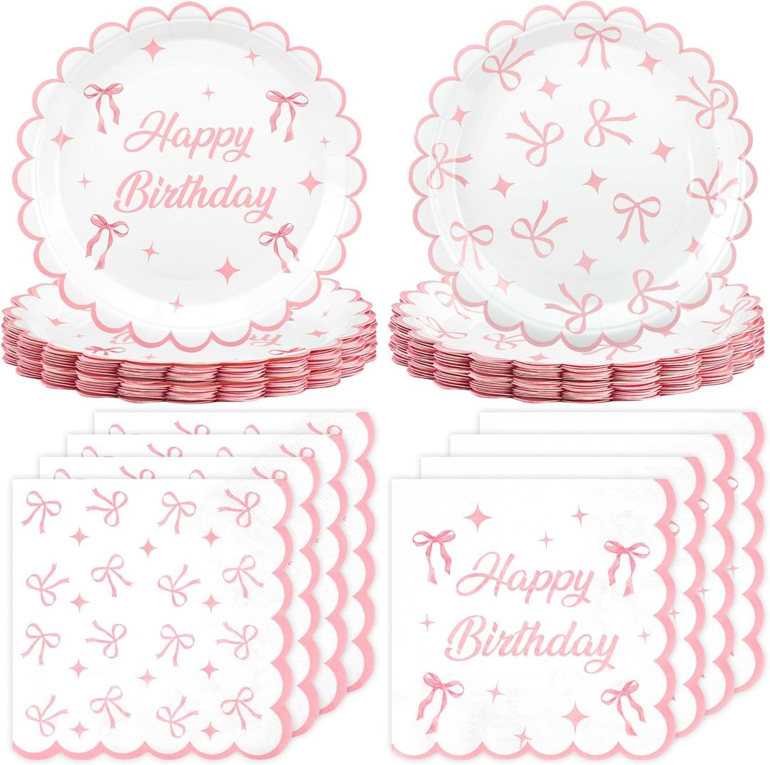 100PCS Pink Bow Party Plates and Napkins Pink Bow Birthday Tableware Set Coquette Birthday Party Supplies Serve 50 Guests for Women Birthdays Girl Bachelorette Coquette Tableware Supplies