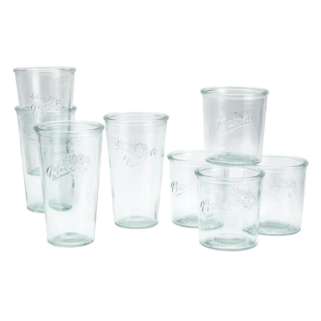 Mason 8pc Glass Tumbler Set Includes, 4 Low Tumblers 15oz., 4 High Tumblers 20oz.
