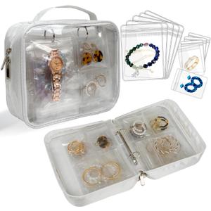 Travel Jewelry Organizer Case Transparent Jewelry Storage Book Binder Bag for Earrings, Rings, Necklace, Bracelet (White-Clear Window)