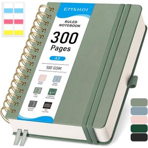 EMSHOI Spiral Notebook College Ruled, 300 Numbered Pages, A5 Small Hardcover Leather, 100 GSM Thick Lined Journal for Women Men Work Writing Journaling Note Taking, 5.7" x 8.22", Light Green